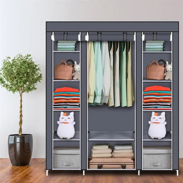 69" Portable Clothes Closet Wardrobe Non-Woven Fabric Wardrobe Sturdy Durable Water-proof Double Rod Clothes Storage Organizer
