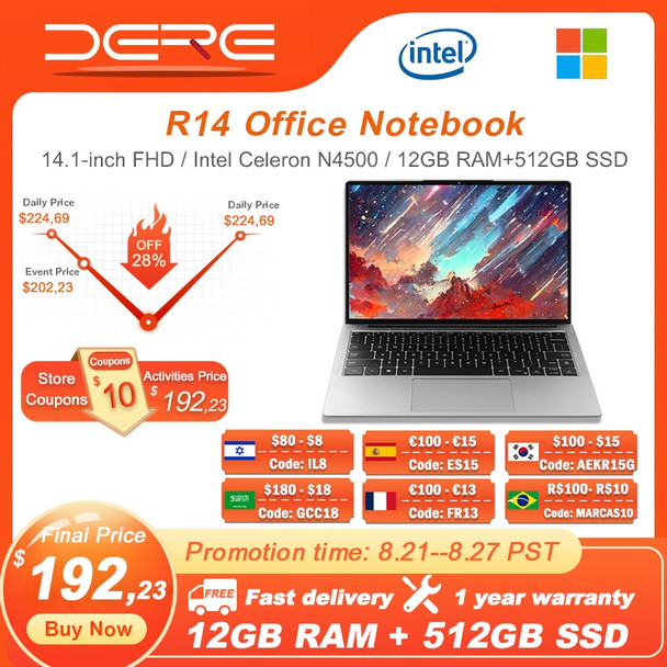 DERE Laptop 14.1 inch 16:10 IPS Full HD Intel Celeron N4500 12GB DDR4+512GB SSD Study Office Ultrabook Windows 11 Notebook