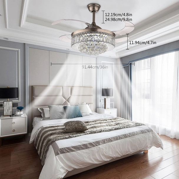 36" Retractable Blade LED Ceiling Fan Light Crystal Fan Dimmable Pendant Chandelier Lamp with Remote Control