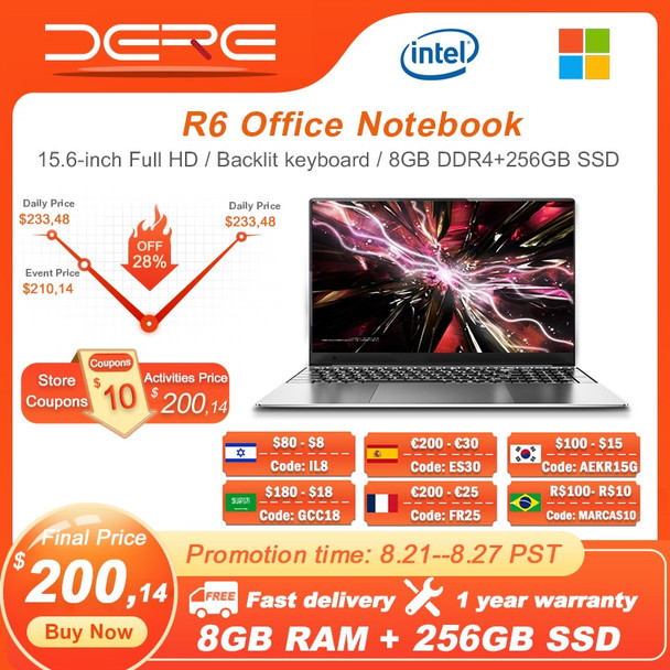 DERE R6 Laptop 15.6-inch, 16GB RAM + 1TB SSD, Intel Celeron N4500 Dual WiFi With Backlit Keyboard Computer Windows 10 Notebook