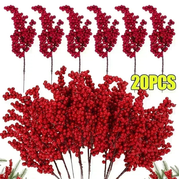1/20PCS Artificial Berries Christmas Decoration Red Berry Branches for Xmas Tree Party Home Table Ornaments Red Fruit Wreath