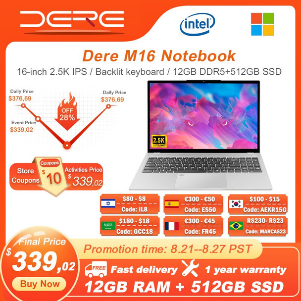 DERE Laptops M16 2023 New 16" 2.5K IPS Ultra HD Intel N95 12GB DDR5+512GB SSD Study Office Laptop Computer Windows 11 Notebook