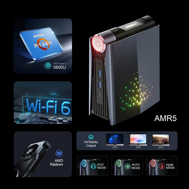 Chatreey AMR5 AM08 Mini PC Ryzen 7 5700U R7 7735HS 680M R9 7940HS 780M Colorful Lighting Gaming Desktop Computer Wifi6 BT 5.0