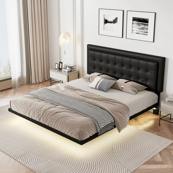 Queen Size Floating Bed Frame With Motion Activated Night Lights PU Upholstered Button Tufted Platform Bed Frame For Bedroom