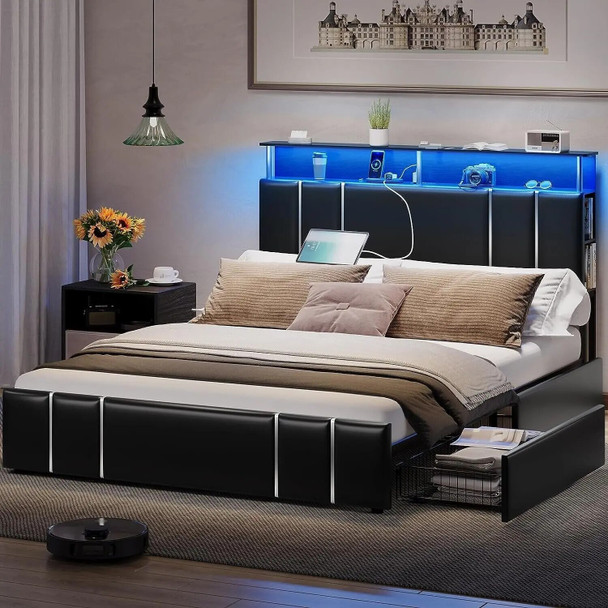 Queen Size Bed Frame, modern design high-end luxury double bed with LED lights, with storage headboard and charging port