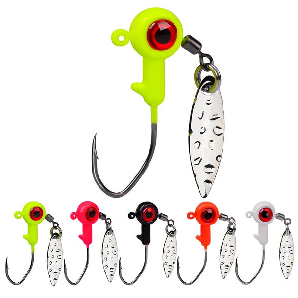 5pcs/set Jig Head Hooks 1.4g 1.6g 3g Exposed Barbed Hook Soft Lure Hooks with Metal Spoon Spinner Slice Fishing Tackle