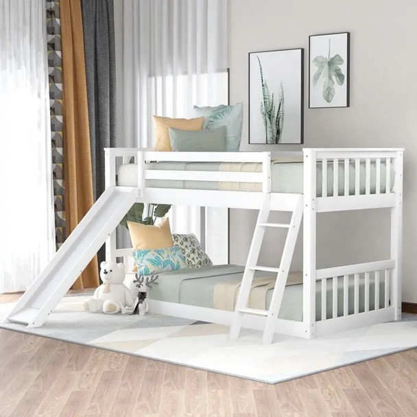 over Twin Floor Bunk Bed with Slide and Ladder for Bedroom, White Inflatable bed Human dog bed Base para cama