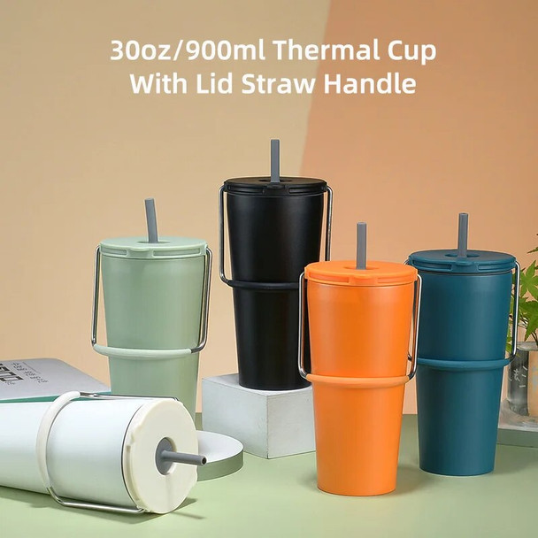 30oz Thermal Cup With Lid Straw Handle Stainless Steel Vacuum Insulated Cold Hot Travel Thermos Water Bottle Car Cup Coffee Cup