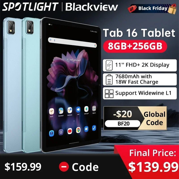 【World Premiere】Blackview Tab 16 Tablet Android 8GB+256GB 11''2k FHD+ Display 7680 mAh Battery Widevine L1 Unisoc T616 Tablet PC