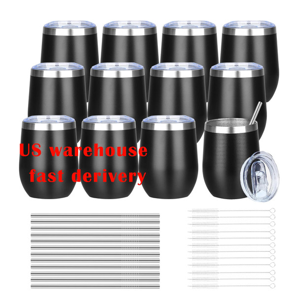 USA warehouse（12 Pack） 12oz Wine Coffee Tumbler With Lid And Metal Straw Cup Vacuum Insulated Double Wall Mug For Gift