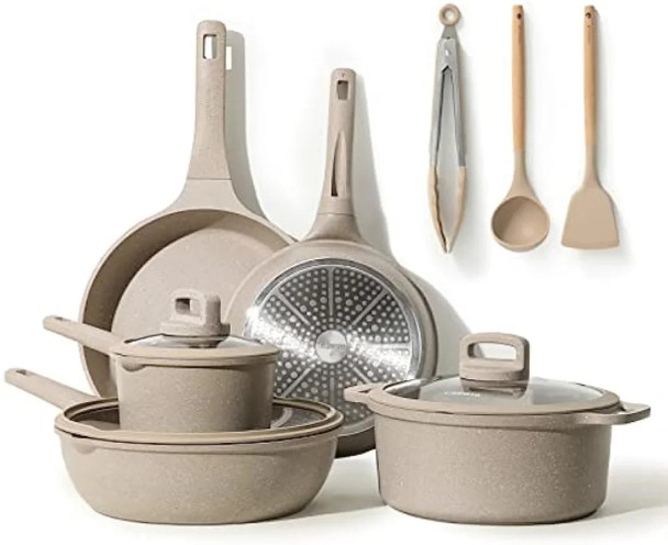 CAROTE Pots and Pans Set Nonstick, 11Pcs Kitchen Cookware Sets, Stackable Induction Pot and Pan set for Cooking, Taupe Granite