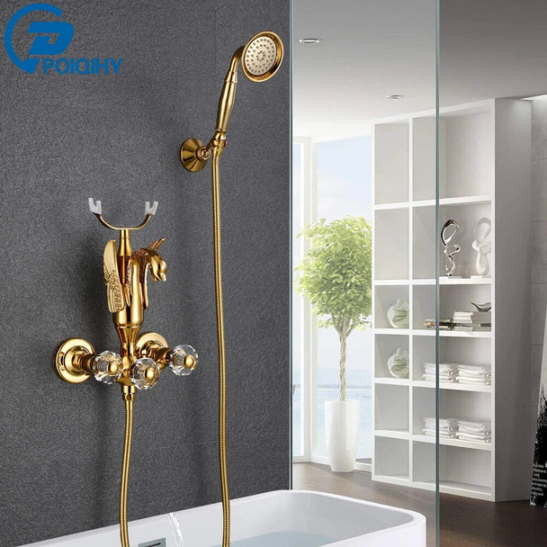 Golden Bath Shower Faucet Set Wall Mounted Swan Bathtub Faucet Bathroom Cold and Hot Bath and Shower Mixer Tap Brass Handshower