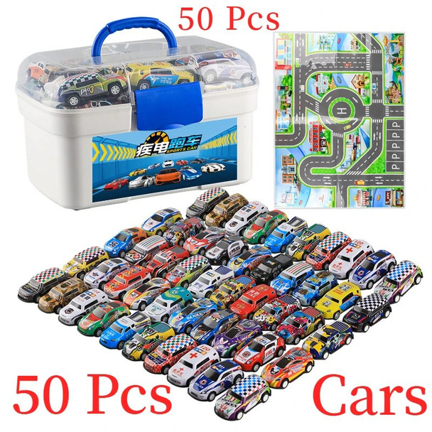 50Pcs Alloy Racing Cars Storage Box Iron Sheet Car Set Rebound Car Multiple Alloy Car Collections Children's Toys Birthday Gifts
