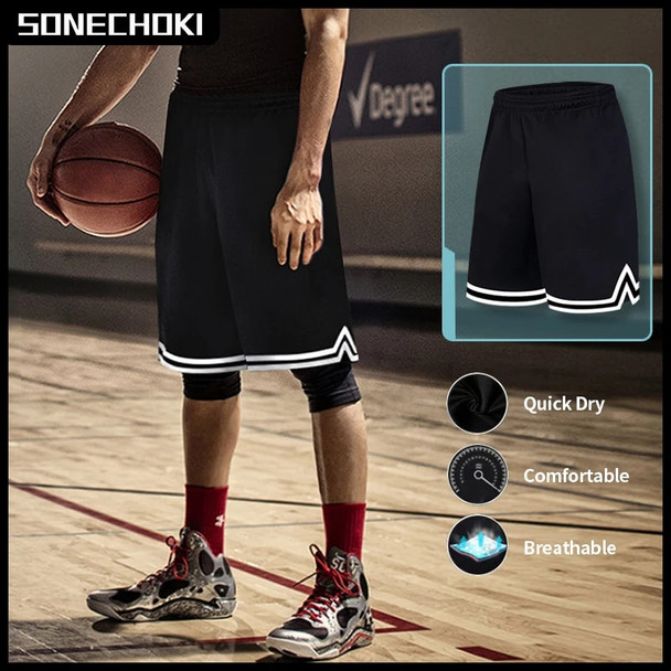 SONECHOKI Knee Length Basketball Shorts Men Striped Loose Running Sport Gym Mesh Breathable Fitness Training Workout Bottom Male