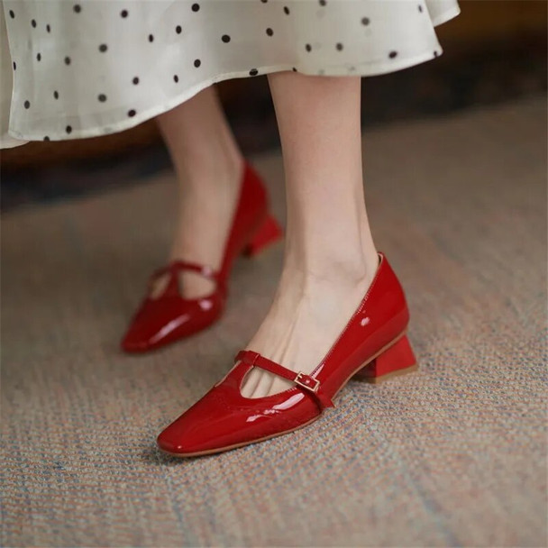 Spring/Autumn Women Shoes Patent Leather Solid Color T-shaped Buckle Pumps Square Toe Chunky Heel Versatile Mary Jane for Women