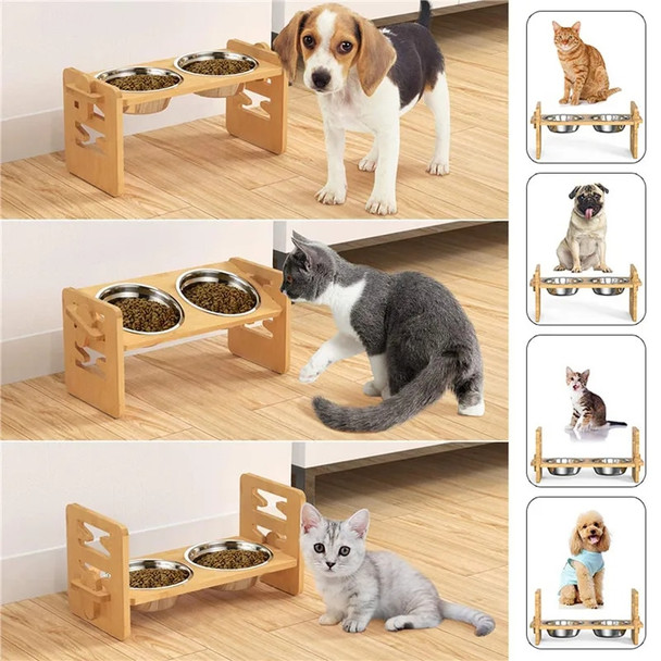 Bamboo Elevated Dog Bowls with Stand Adjustable Raised Puppy Cat Food Water Bowls Holder Rabbit Feeder for Small Medium Pet with