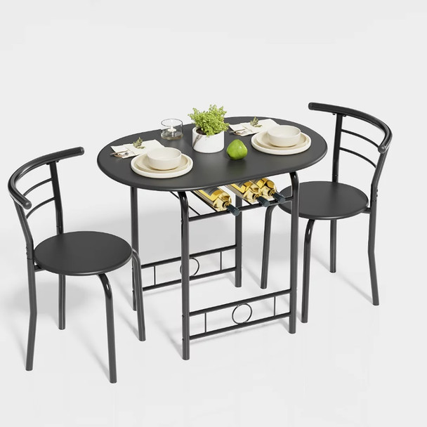 Vineego 3 Pieces Dining Set for 2 Small Kitchen Breakfast Table Set Space Saving Wooden Chairs and Table Set,Black