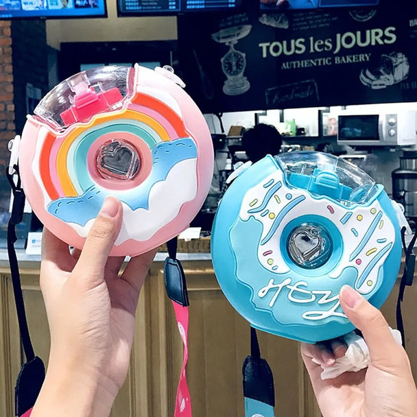 380ml Kids Water Bottle Kawaii Plastic Cup Donut Shape Cute Cartoon Tumbler For School Travel Girls Leakproof Drinkware Bottle