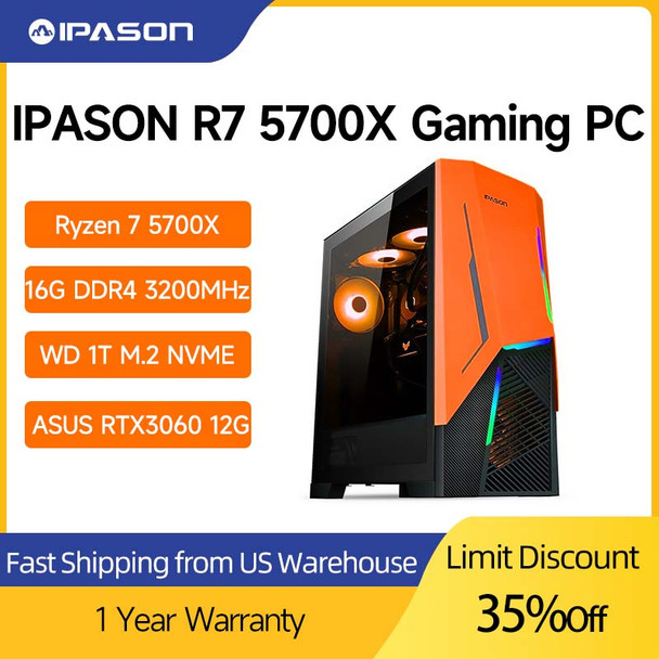 IPASON Gaming PC AMD Ryzen 7 5700X 16GB DDR4 RAM RTX 3060 12G 1T NVMe SSD Desktop Computers DIY Assembly Machine