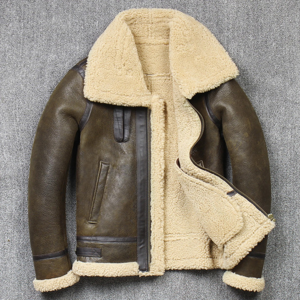 2023 Men's Winter Aviator Real Leather Jacket Sheepskin Shearling Genuine Leather Rock Jackets High Quality B3 Bomber Male Coats