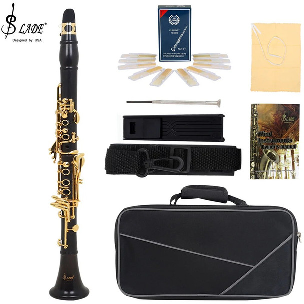 SLADE Ebony Clarinet Instrument B Flat 17 Key Gold-plated Key Professional Performance Clarinet with Back Belt Whistle Gloves