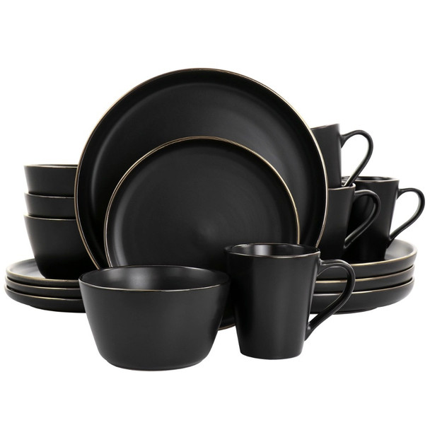 Paul 16 Piece Stoneware Dinnerware Set in Matt Black with Gold Rim Dish Set