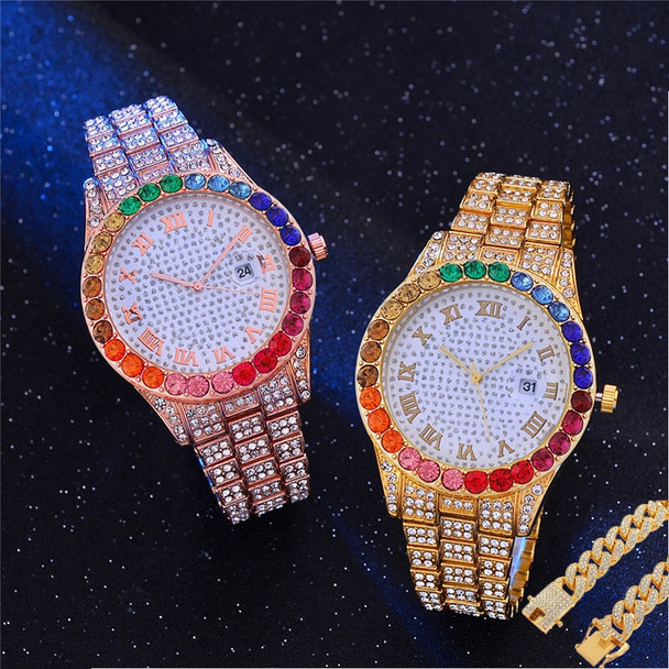 Men Watches Luxury Ice Out Watches Set Full AAA Diamonds Quartz Watch for Men Hip Hop Cuban Chain Bracelet Relogios Masculinos