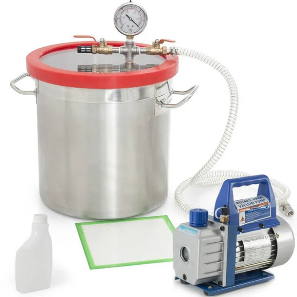 220V RS-1 Rotary Vane Vacuum Pump 2 Gallon(6L)Stainless Steel Vacuum Degassing Chamber, Defoaming Barrel for Epoxy Resin AB Glue