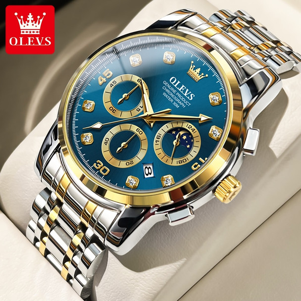 OLEVS Men's Watches Multifunction Original Quartz Watch for Man Waterproof Stainless Steel Luminous Chronograph Moon Phase Date