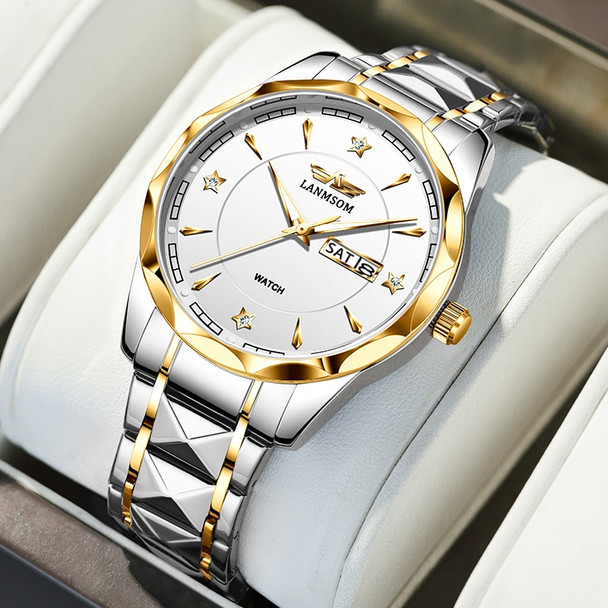 LANMSOM Brand Fashion Quartz Watch for Men Luxury Stainless Steel Waterproof Luminous Week Date Mens Watches Relogio Masculino