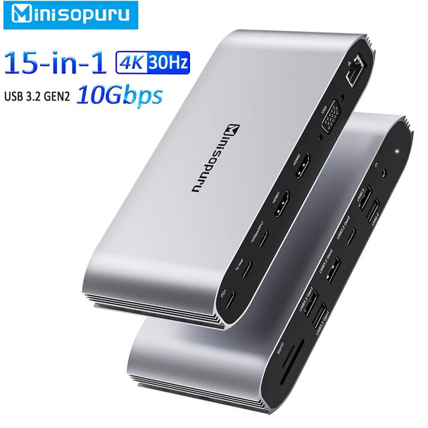 Minisopuru Laptop Docking Station with USB C Quad Display 15 in 1 Docking Station for MacBook Pro Air Windows 10Gbps USB HUB