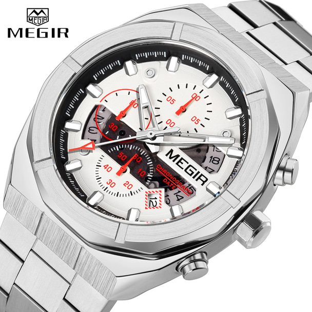 MEGIR Hot Brand Three-eyes Quartz Chronograph Watches for Male Business Fashion Waterproof Luminous Men White Wristwatch 24-hour