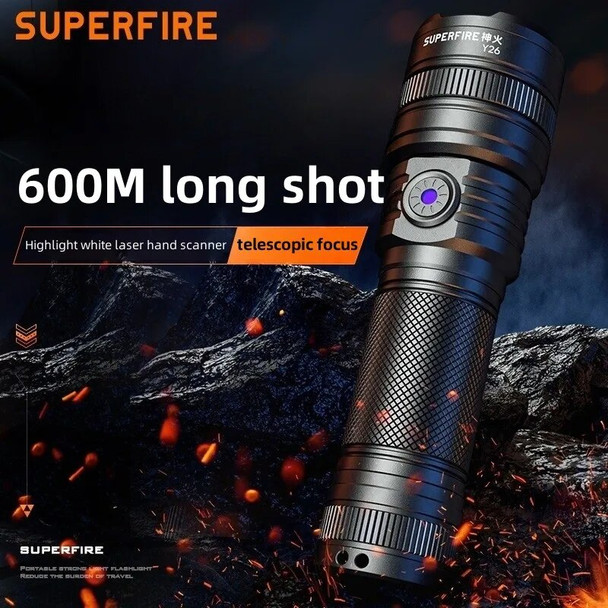 SUPERFIRE Y26 15W Power Led Torch Powerful Zoom Flashlight 600M Range Portable Lantern Long Lasting Rechargeable Camping Lamp