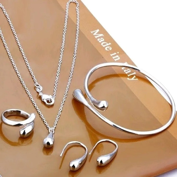 Fashion S925 Silver Needle Earrings Ring Bracelet Set Simple Personality Womens Water Drop Four-piece Jewelry Set for Women Gift