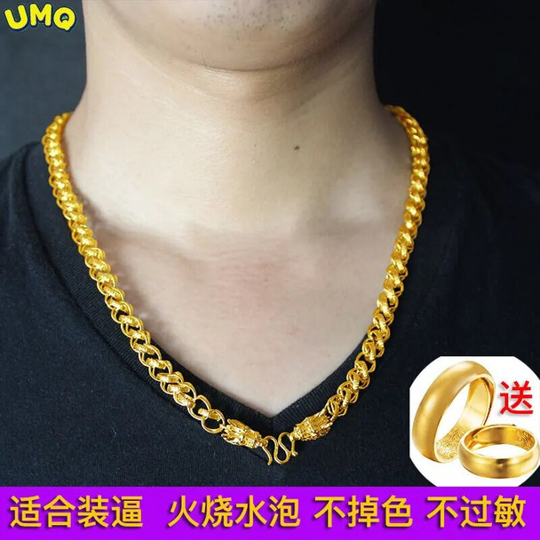 Plated 100% Real Gold 24k 999 gold Necklace Men's 999 24 K Jewelry Thai Chain Bold Beaded Pure 18K Gold Jewelry