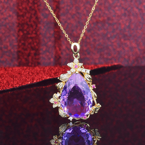 Solid 14K Gold Necklace Origin amethyst Jewelry Pendant for Women 14 K Yellow Gold SAPPHIRE Gemstone Chains Necklace