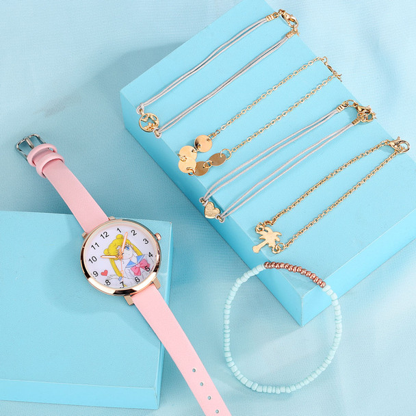 Popular Japan Anime Fashion Quartz Watch with Bracelet Luxury Pink Dial Slim Leather Band Women Watches Gift Set For Women Girls