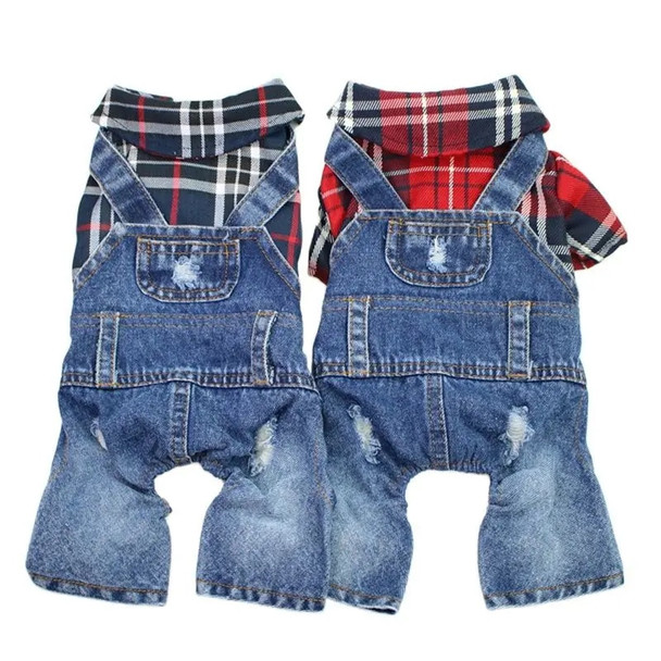 Dog Cat Denim Plaid Jumpsuit Hoodie Pet Puppy Jean Jacket Spring/Autumn Clothes Apparel 4 Colours