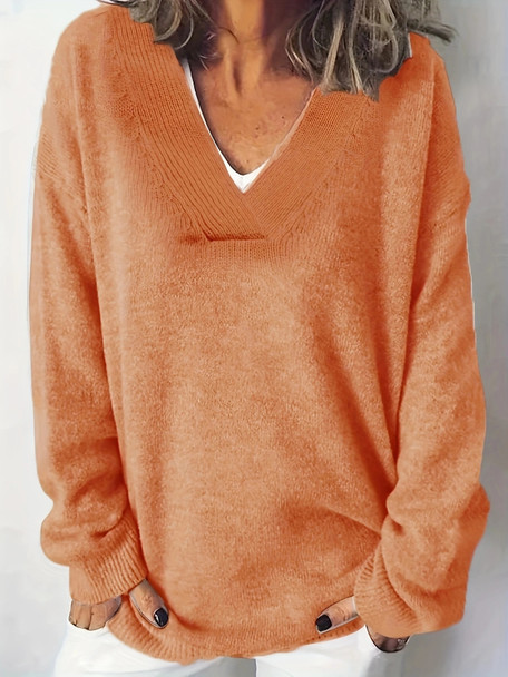 2023 New Autumn Winter Women's Plus Size Casual Sweater, Solid Long Sleeve V Neck High Stretch Jumper