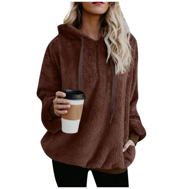 Plus Size Winter Women Long Sleeve Fleece Hooded Sweatshirt Pullover Warm Jumper Sweaters With 1/4 Zip