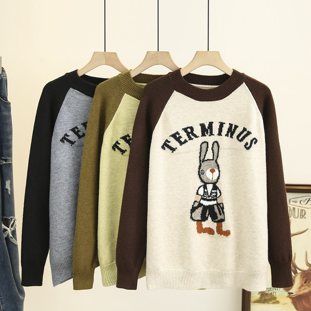 3xl Autumn Plus Size Jumper Woman Clothing LOOSE Knitted Pullover Winter Fashion Letter Cartoon Raglan Sleeve Curve Sweaters