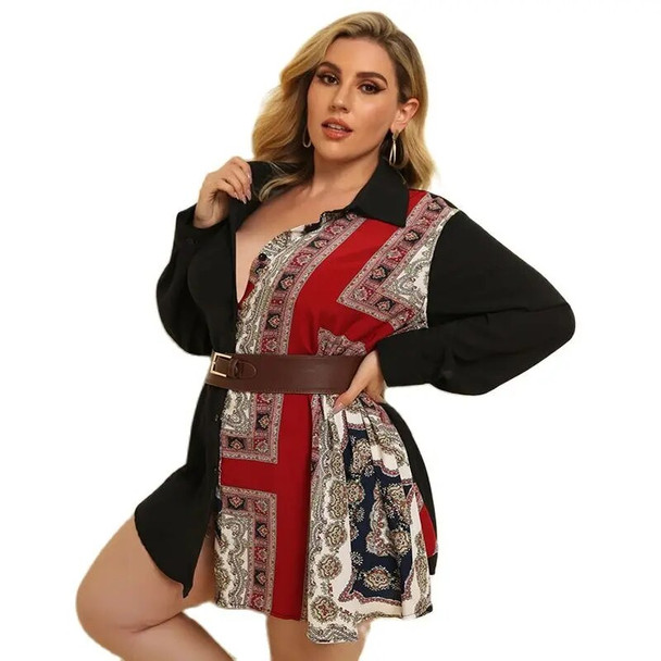 Plus Size Women Clothing Spring Autumn Large Fashion Tops And Shirts New Ethnic Print Stitching Loose Long-Sleeved Sexy Blouse