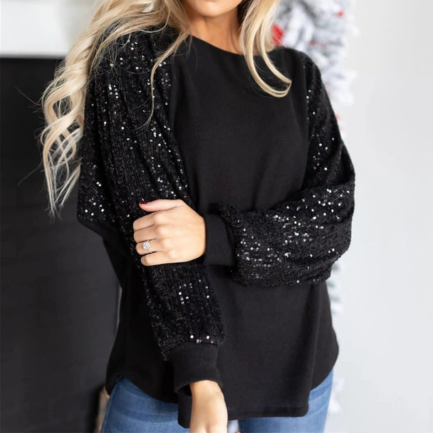 Women's Sequin Long Sleeve Pullover Tops Ladies Knitted Loose T-Shirt Blouse Tee Clothing Plus Size 2023-2024 For Happy New year