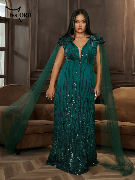 Missord Plus Size V Neck Sequin Mesh Floor Length Evening Dress 4XL Festival Banquet Party Big Size Dreeses