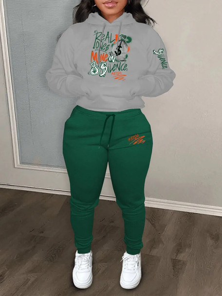 LW Plus Size Women Autumn Winter Money Bag Casual Pullover Letter Print Kangaroo Pocket Hoodies Sweatshirts Tracksuit Set