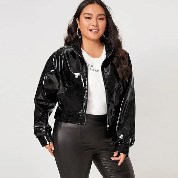 Zip Up Patent Leather Jacket for Women, Long Sleeve, Casual, PU Turn-down Collar Short Coats Outwear Motorcycle Jacket Plus Size