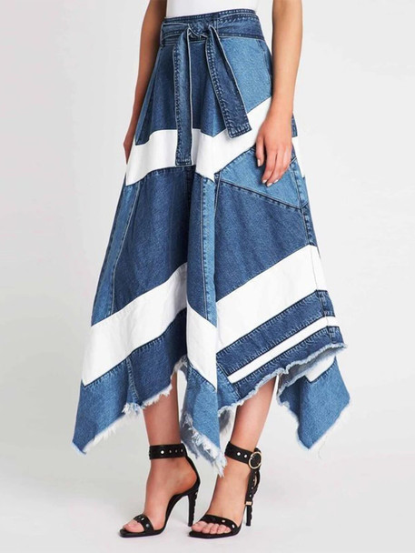 Women Plus Size Striped Denim Skirt Asymmetric Hem Knot Waist Irregular Hem Patchwork High Street Y2K Pleated A-Line Long Skirt