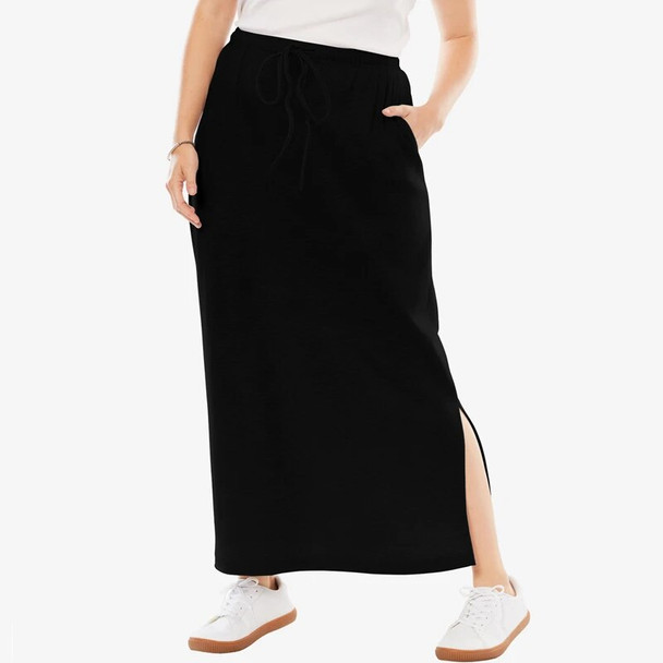 Plus Size Knot Drawstring Waist Summer Spring Long Skirt Women Elastic Waist Slit Pocket Sides Black Casual Sports Skirt 6XL 7XL