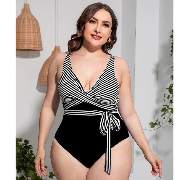 2022 Women Plus size One Piece Swimwear Push Up Striped Swimsuit Larges Big Plussize Swimming Suits Bathing Beachwear Wear New