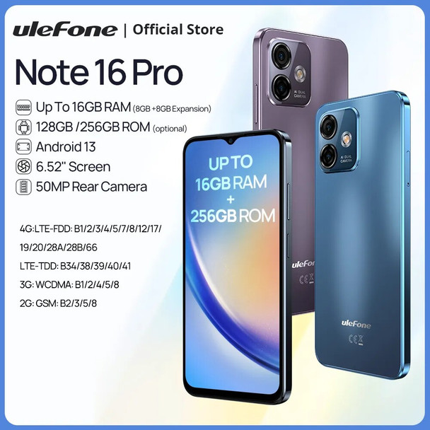 Ulefone Note 16 Pro Up to16GB RAM 256GB ROM Android 13 Global Version Phone 50MP Camera 6.52 inch 4400mAh GPS 4G Cellular